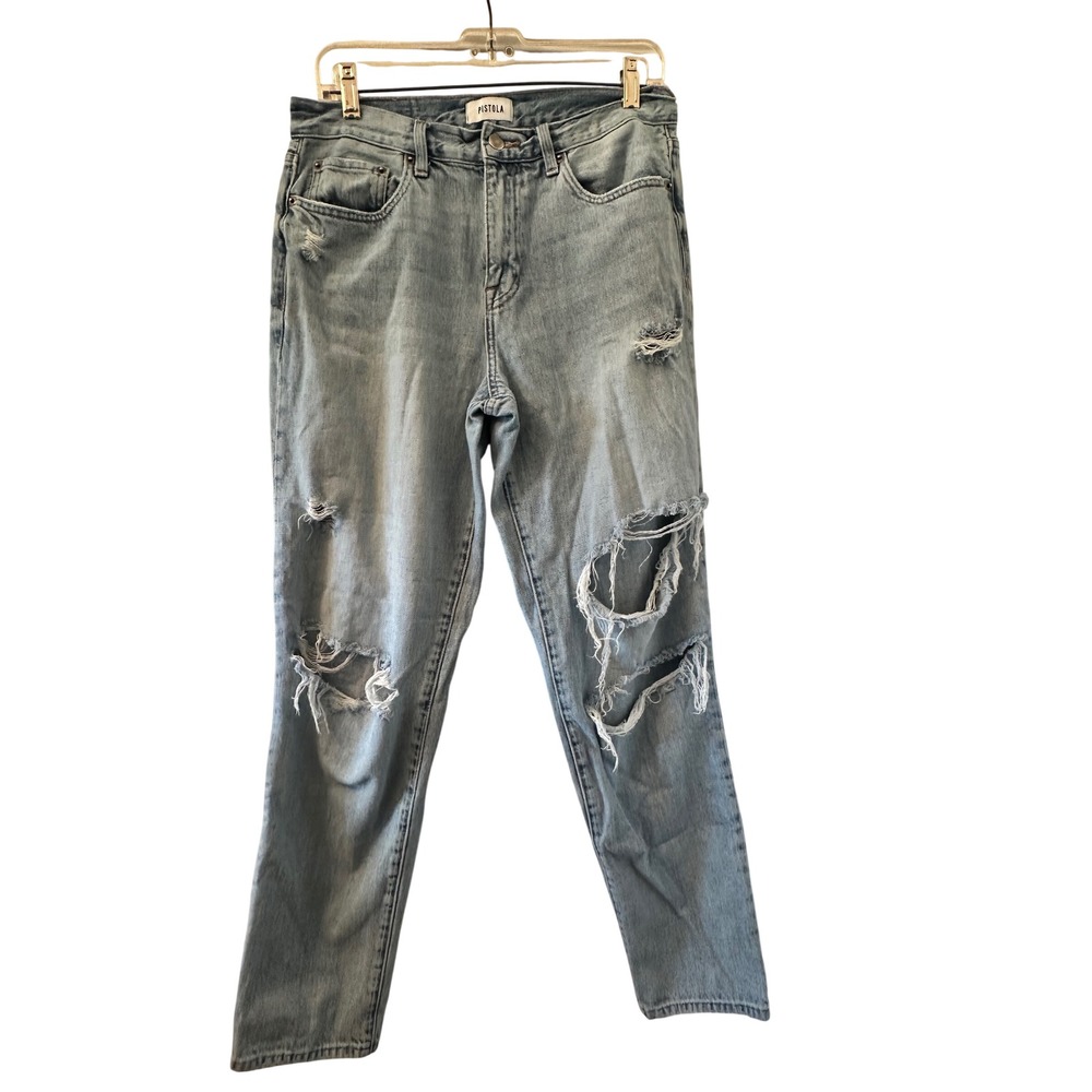 Pistola Distressed High Rise Mom Jeans Light Wash Blue Size 29